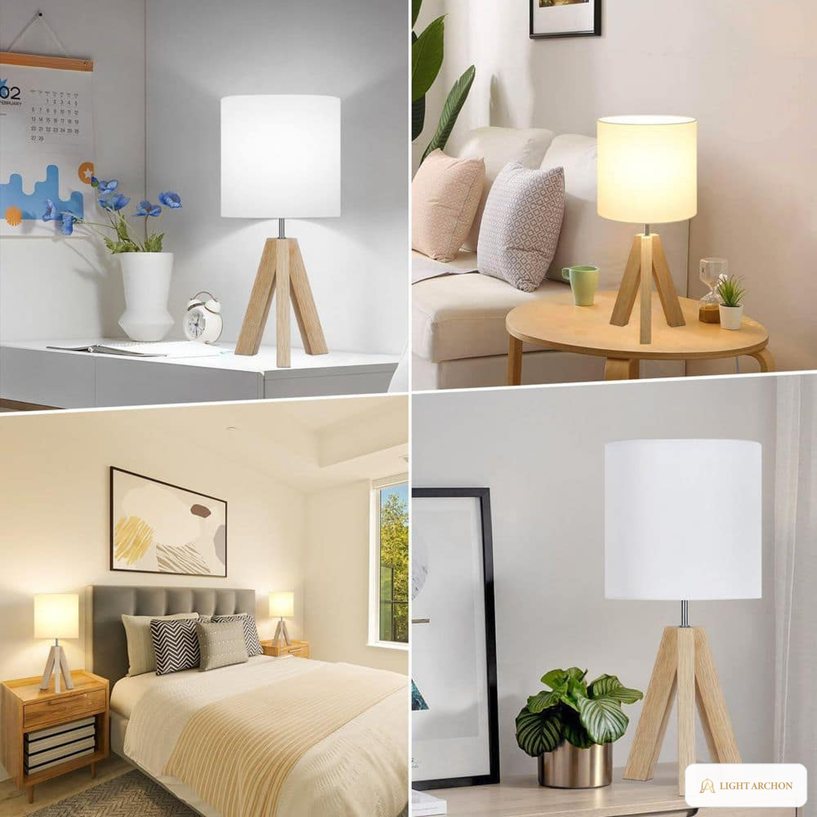 Light Archon Pinecrest 16 in. Wood Tripod Table Lamp with White Fabric Shade - installed view
