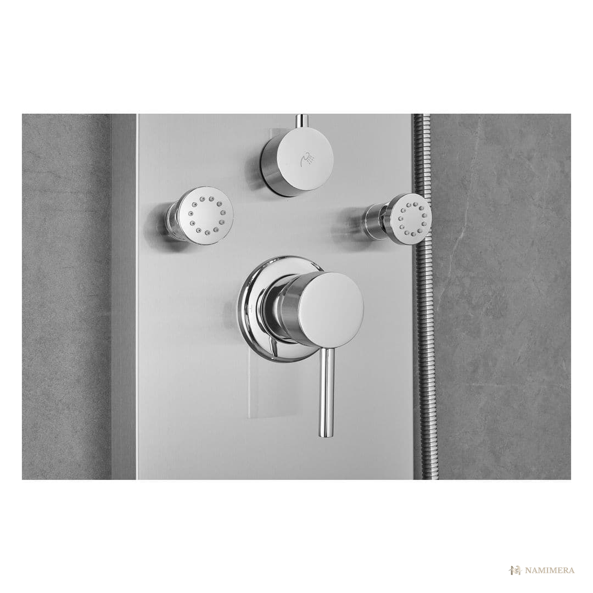 Namimera 65 in. Stainless Steel Shower Panel Tower with Rain and Waterfall Head, 8 Body Jets, and Handheld - detail view