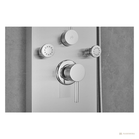 Namimera 65 in. Stainless Steel Shower Panel Tower with Rain and Waterfall Head, 8 Body Jets, and Handheld - detail view