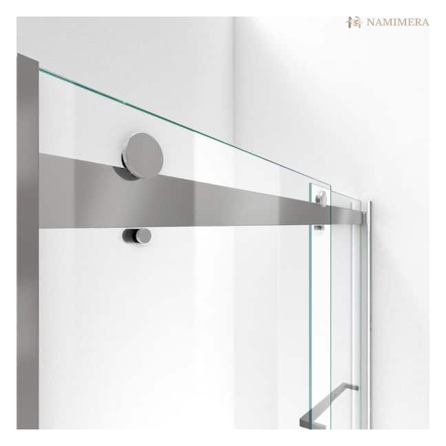 Namimera 56 to 60 in. W x 76 in. H Semi-Frameless Sliding Shower Door with Clear Glass, Brushed Nickel - detail view