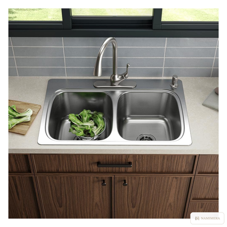 Namimera 33 in. Drop-In Double Bowl 18-Gauge Stainless Steel Kitchen Sink with 4 Faucet Holes - detail view