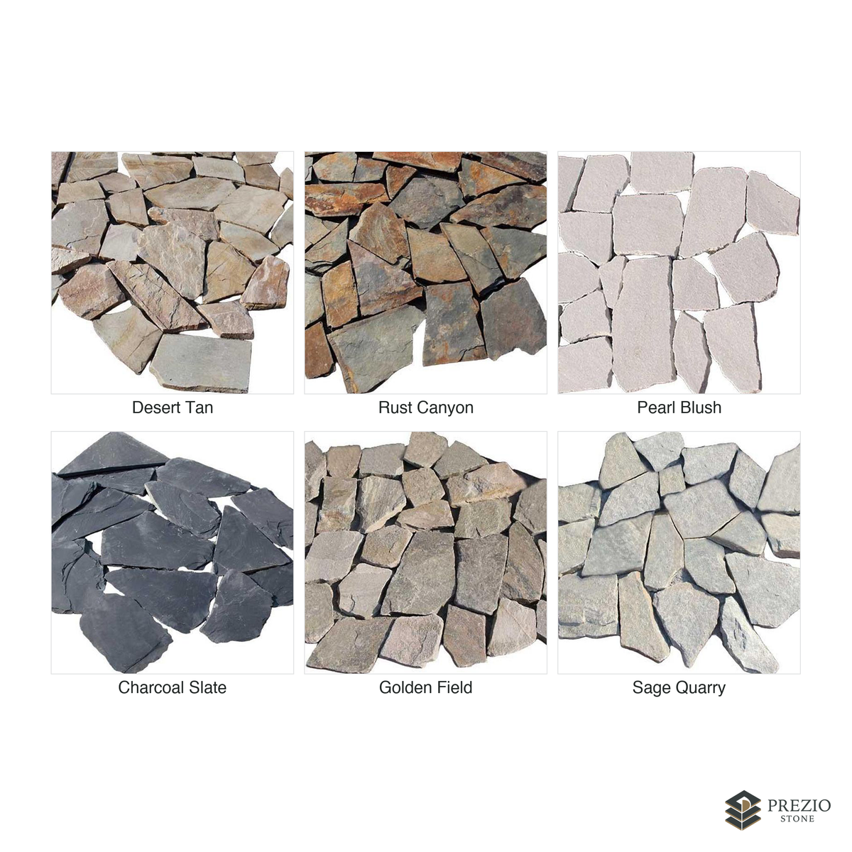Prezio Stone Trailstone Flagstone Crazy Paving - finish and colorway swatches
