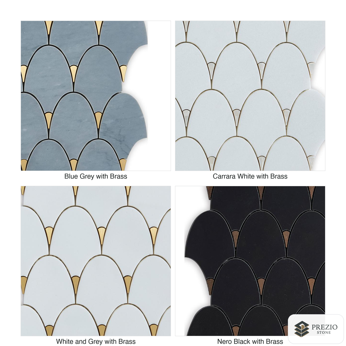 Prezio Stone Fish Scale Fan Waterjet Mosaic with Brass Tips, Polished Marble - finish and colorway swatches