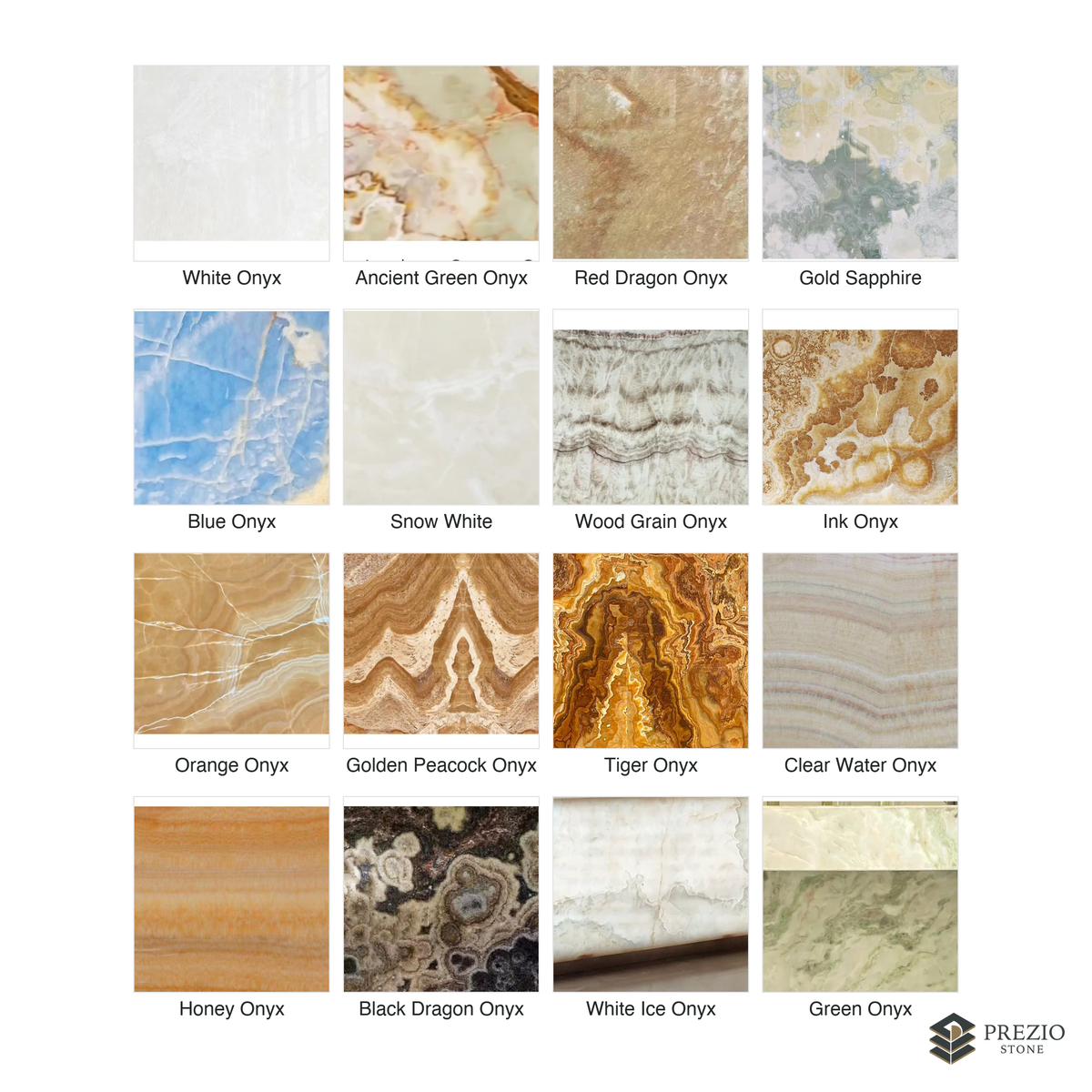 Prezio Stone Translucent Onyx Slab Program - finish and colorway swatches