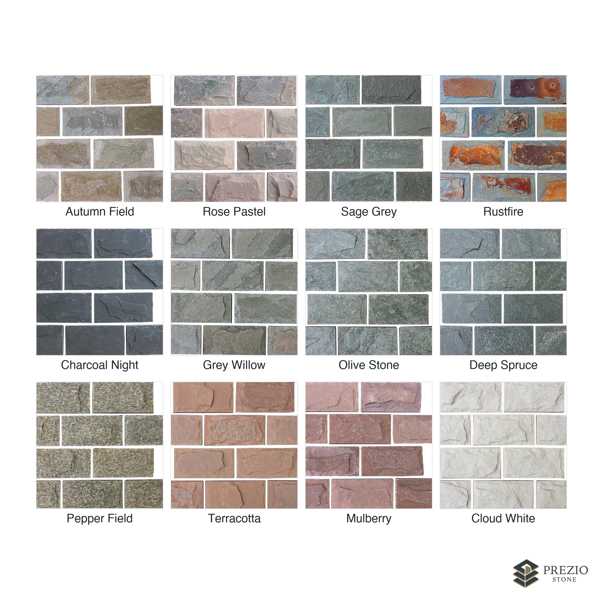 Prezio Stone Cobblecrest Mushroom Stone Wall Brick - finish and colorway swatches