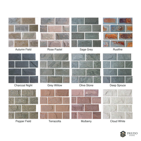 Prezio Stone Cobblecrest Mushroom Stone Wall Brick - finish and colorway swatches