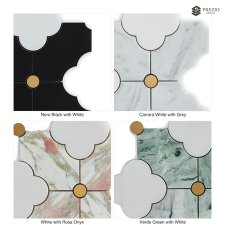 Prezio Stone Quatrefoil Clover Waterjet Mosaic with Brass Dots, Marble and Onyx - finish and colorway swatches