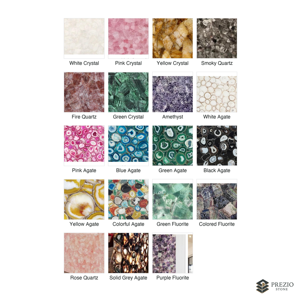 Prezio Stone Translucent Semi-Precious Slab Program - finish and colorway swatches