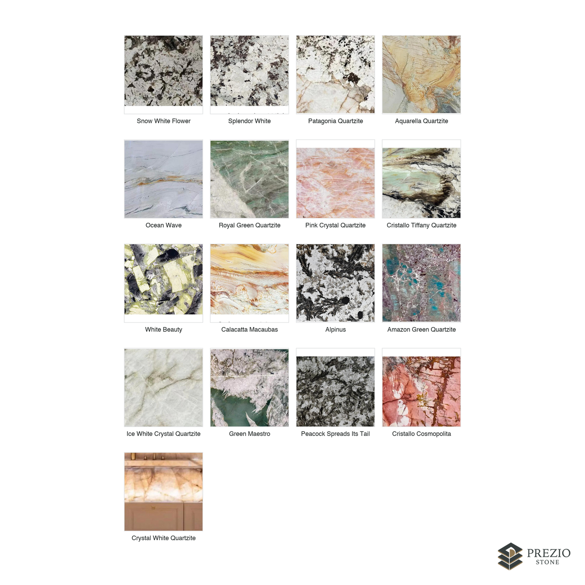 Prezio Stone Translucent Quartzite Slab Program - finish and colorway swatches