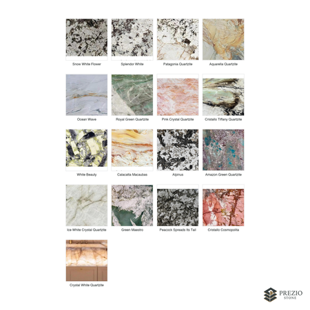 Prezio Stone Translucent Quartzite Slab Program - finish and colorway swatches