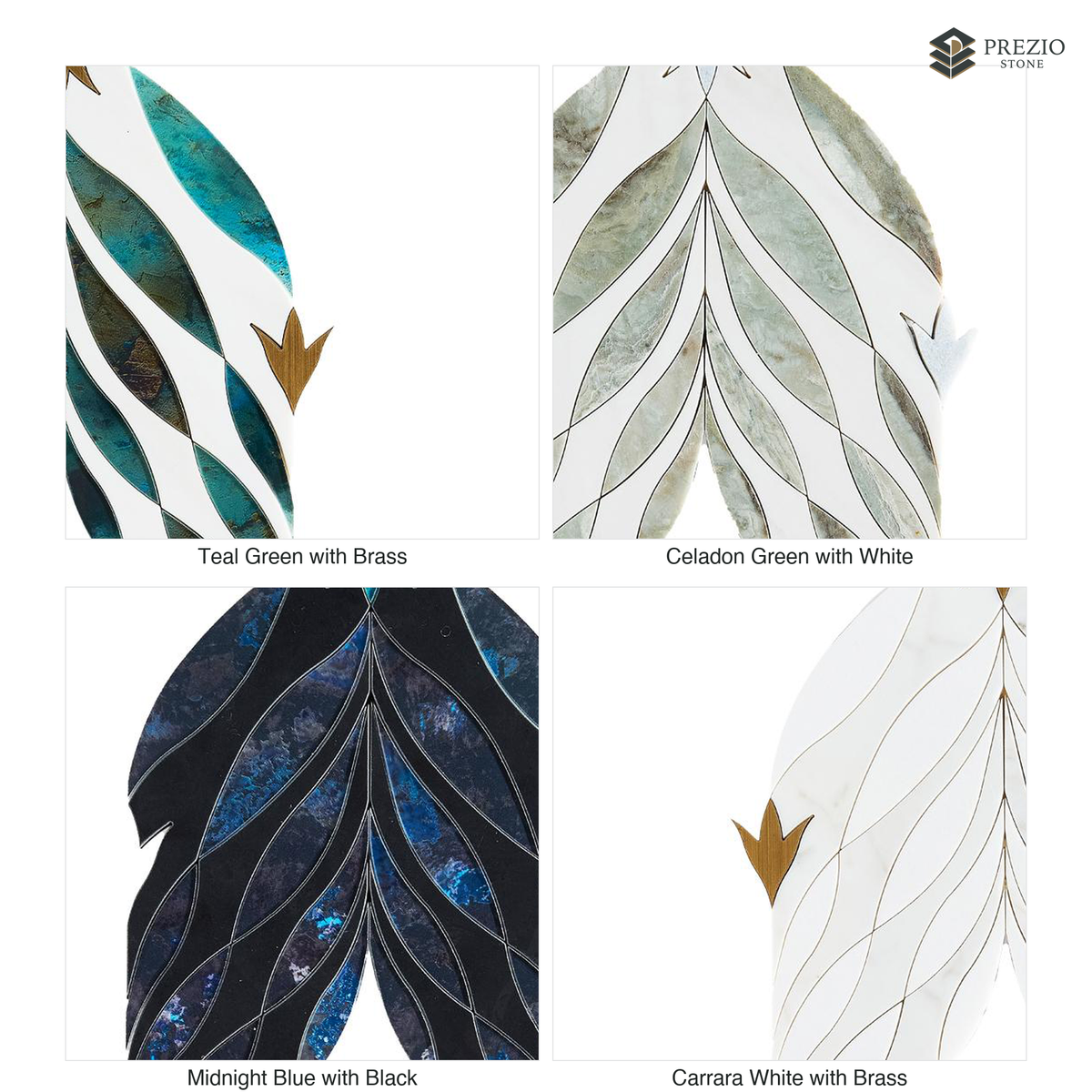 Prezio Stone Feather Arrow Waterjet Mosaic with Brass Accents, Marble in Four Colorways - finish and colorway swatches