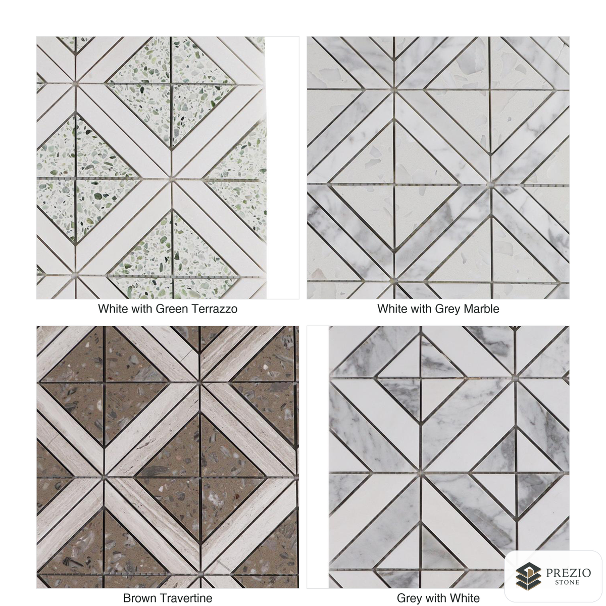 Prezio Stone Diamond Lattice Mosaic, Marble and Travertine Parquet Sheet - finish and colorway swatches