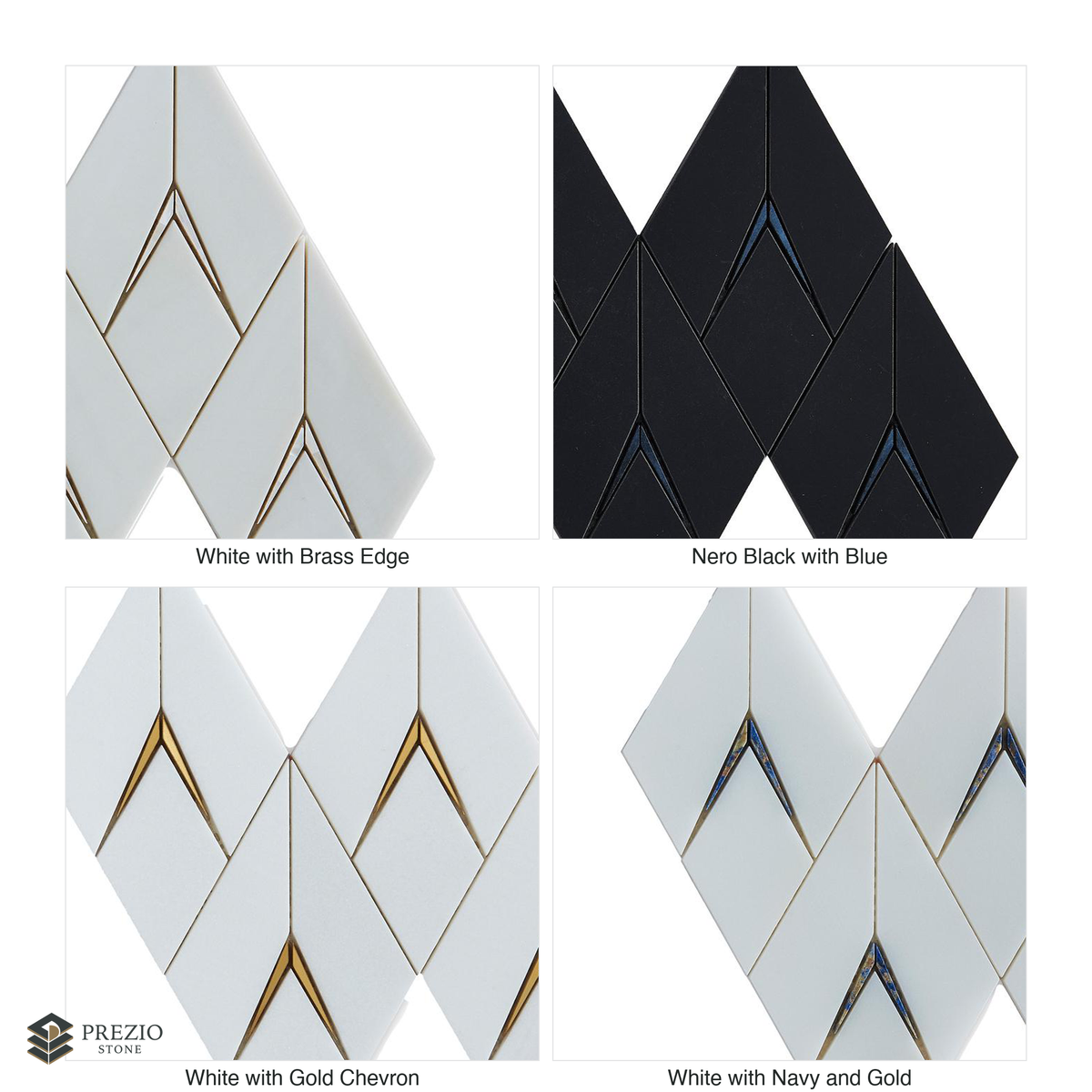 Prezio Stone Dimensional Rhombus Waterjet Mosaic, Marble with Metal Chevron Inlay - finish and colorway swatches