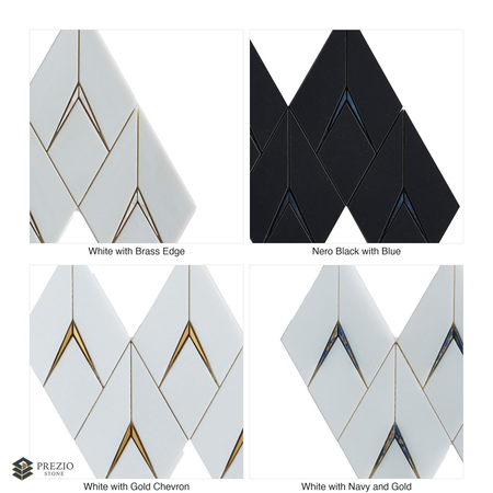 Prezio Stone Dimensional Rhombus Waterjet Mosaic, Marble with Metal Chevron Inlay - finish and colorway swatches