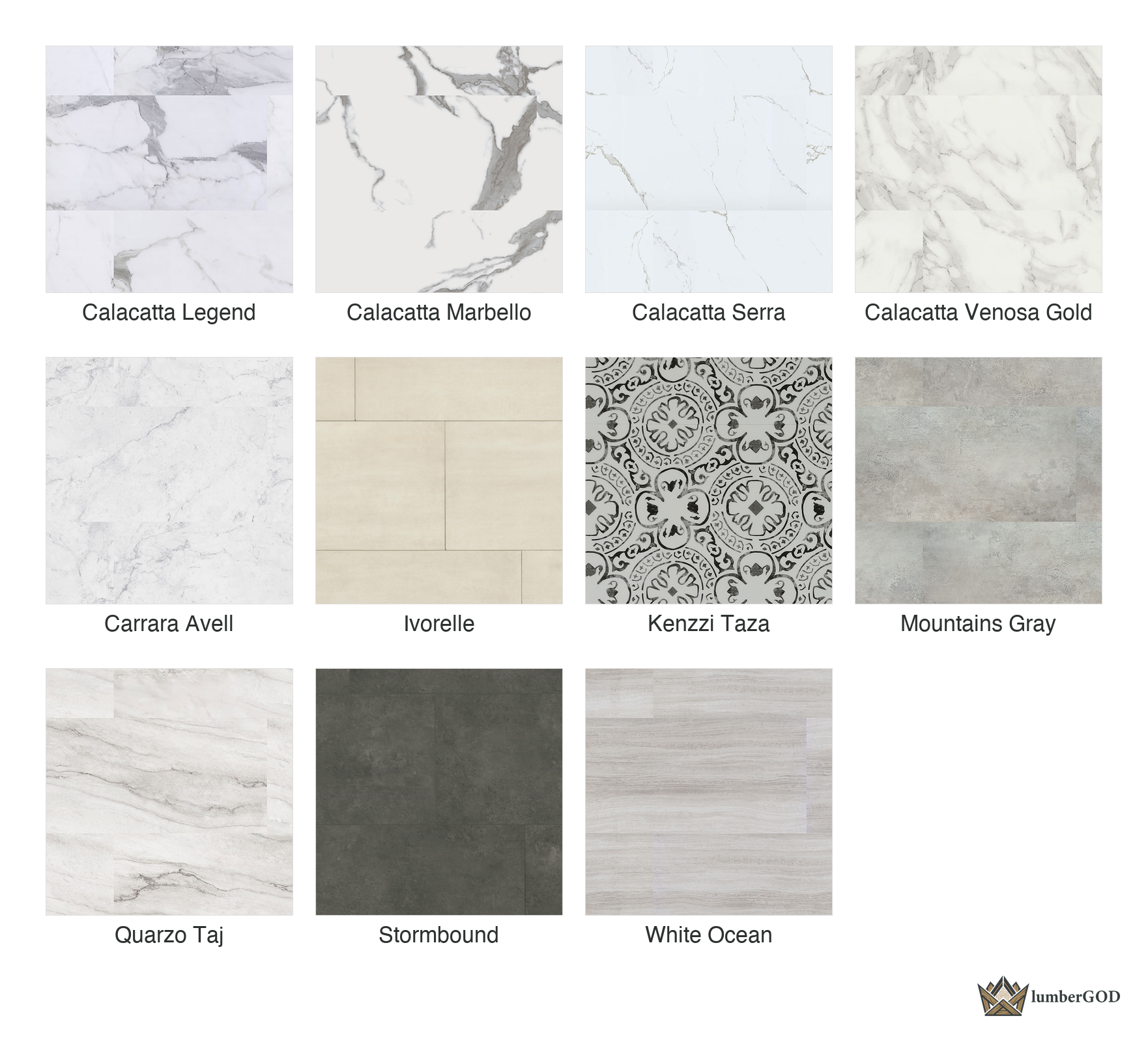 Lumber God 12 Mil XL Rigid Core Luxury Vinyl Tile, 18x36, Large Format Stone Looks - finish options overview