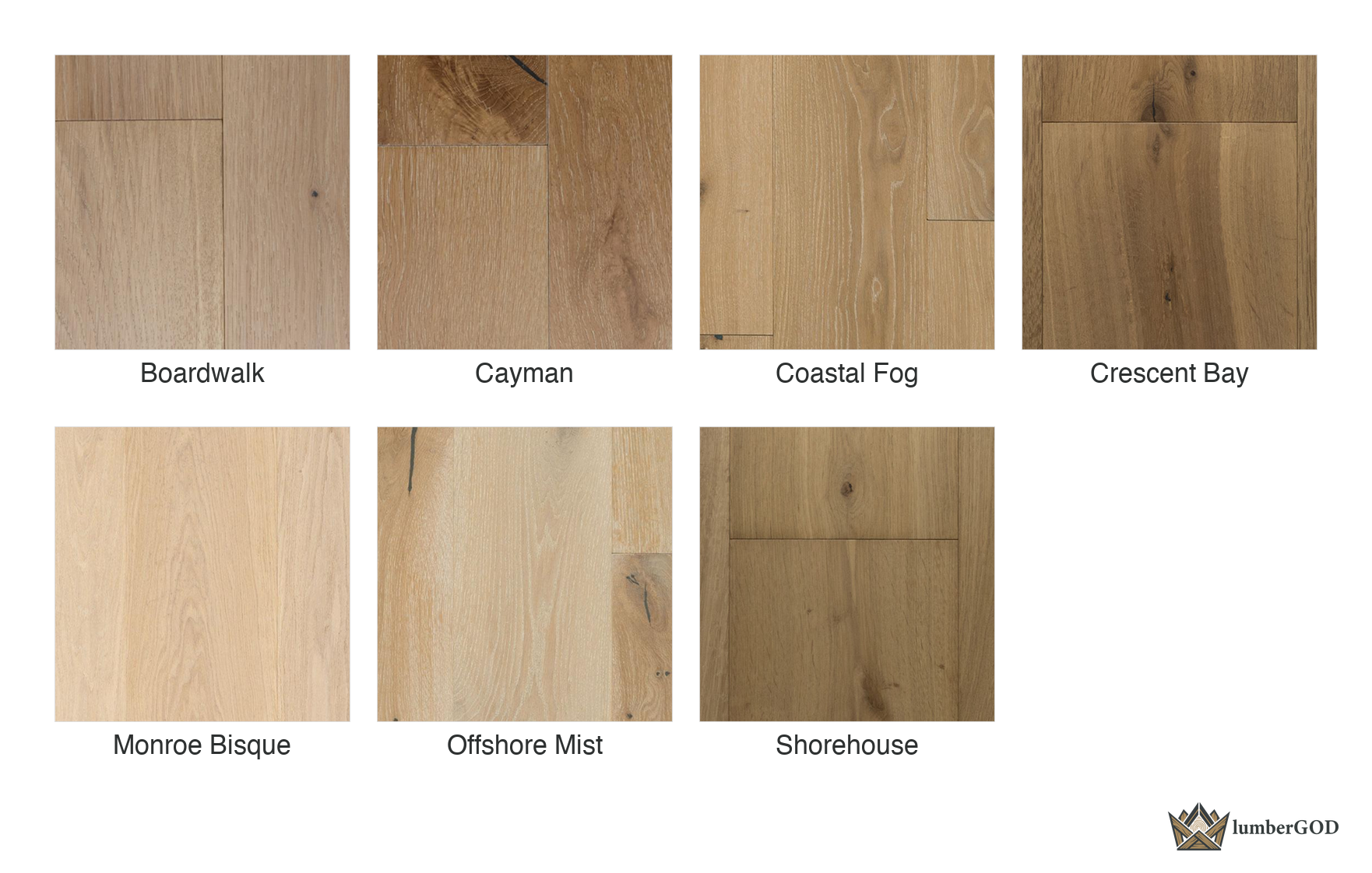 Lumber God Engineered White Oak Wide Plank Flooring, 9-7/16 in, 4 mm Wear Layer - finish options overview