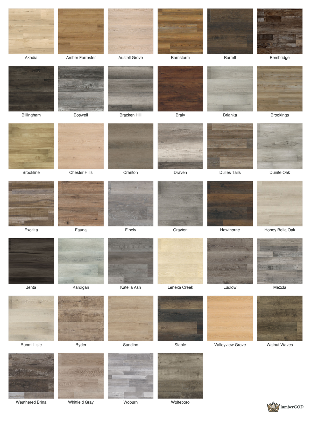 Lumber God 12 Mil Rigid Core Luxury Vinyl Plank, 7x48, Waterproof - finish options overview