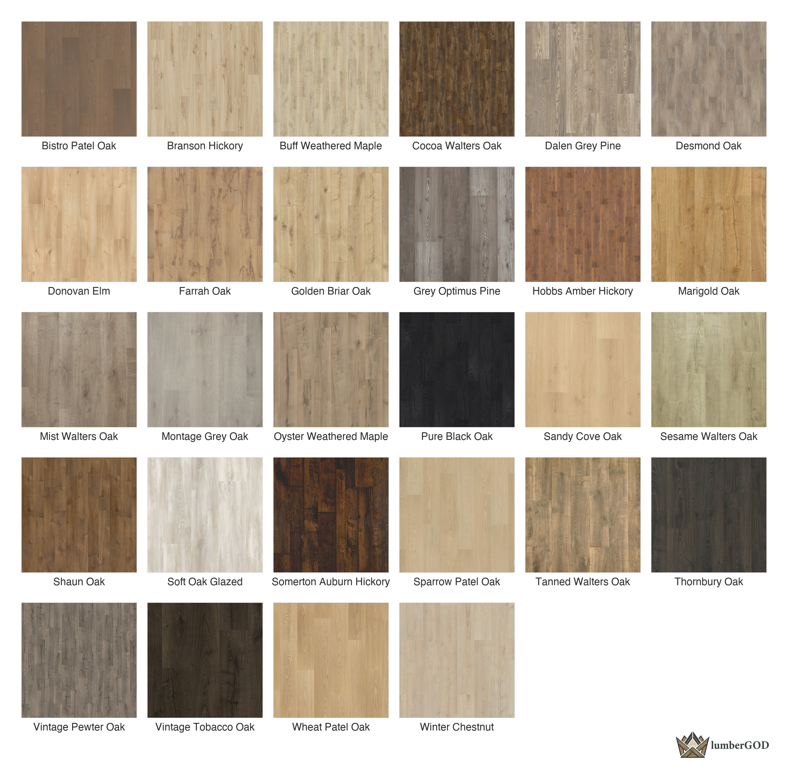Lumber God AC4 Water Resistant Laminate Wood Flooring, 10 mm with Attached Pad - finish options overview