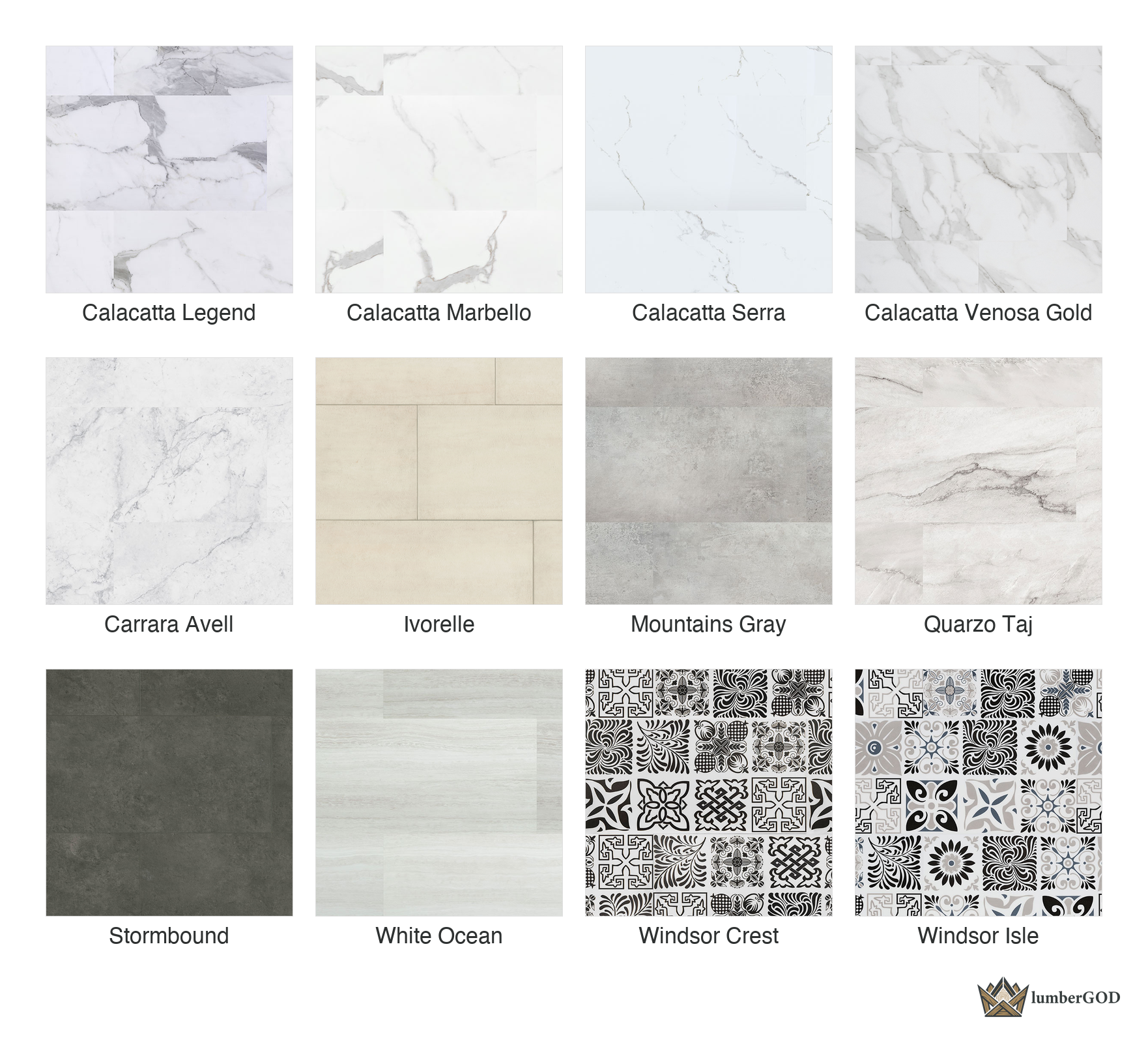 Lumber God 12 Mil Rigid Core Luxury Vinyl Tile, 12x24, Stone and Marble Looks - finish options overview