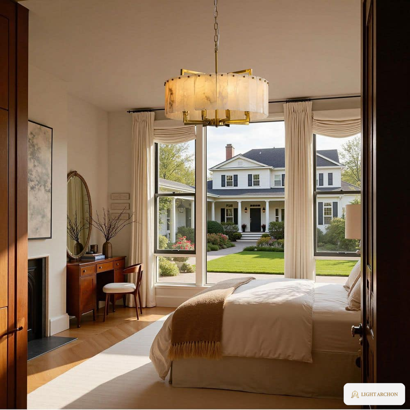 Light Archon Alba 24 in. 8-Light Round Chandelier with Alabaster-Style Shades, Brushed Gold - angle view