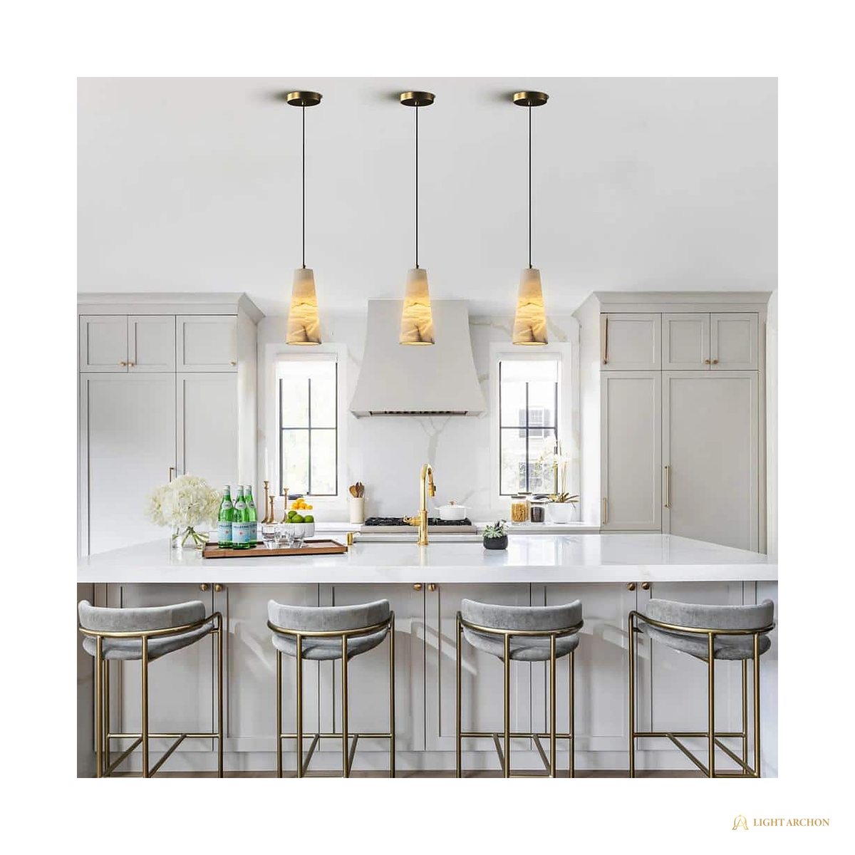 Light Archon Cara Natural Alabaster Cone Pendant with Brushed Gold Hardware - angle view