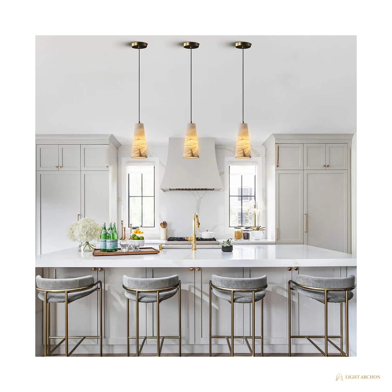 Light Archon Cara Natural Alabaster Cone Pendant with Brushed Gold Hardware - angle view