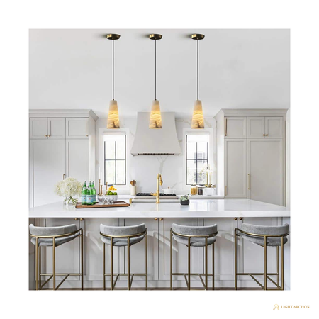 Light Archon Cara Natural Alabaster Cone Pendant with Brushed Gold Hardware - angle view