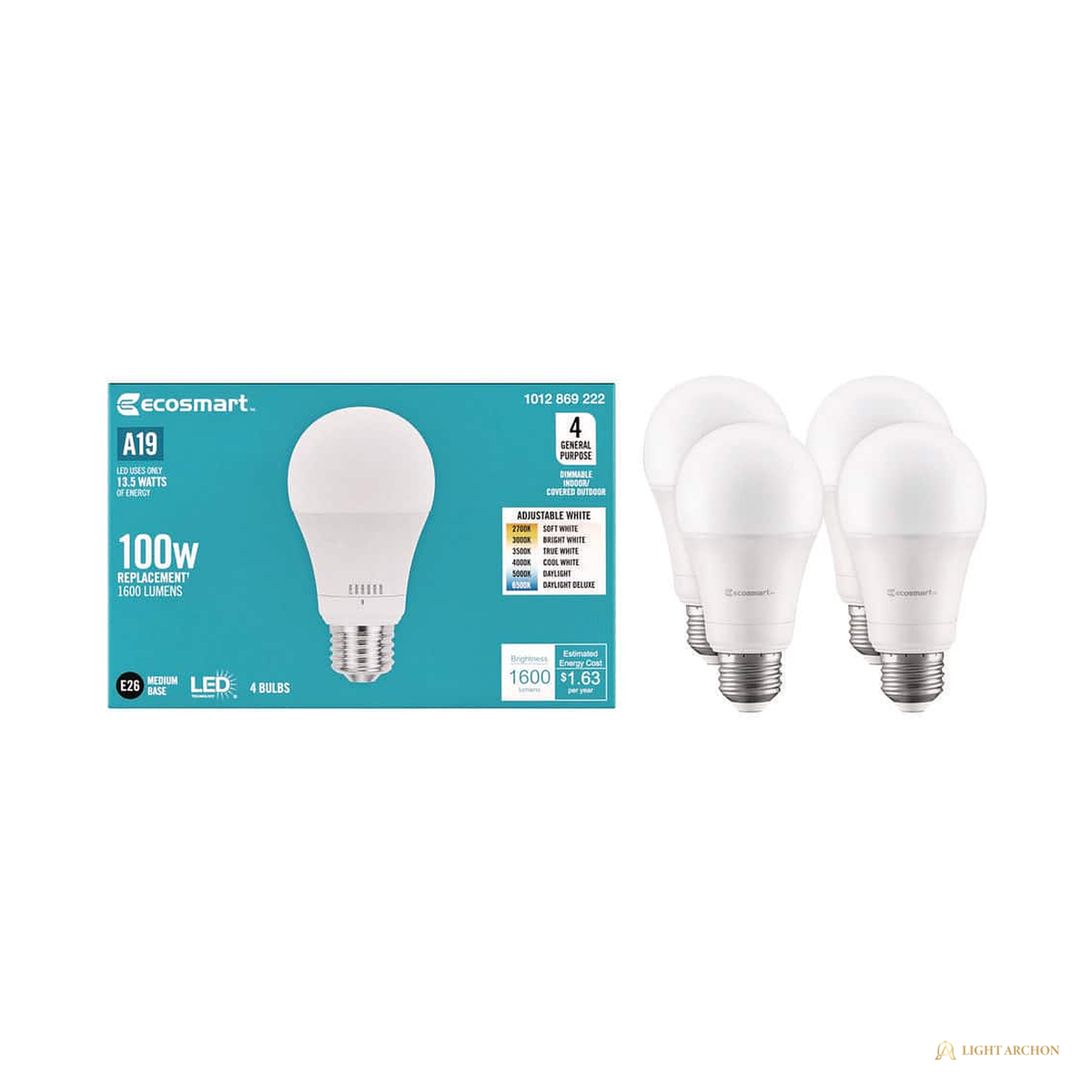 Light Archon Hexatone A19 LED Bulb, Selectable CCT, 4-Pack - angle view