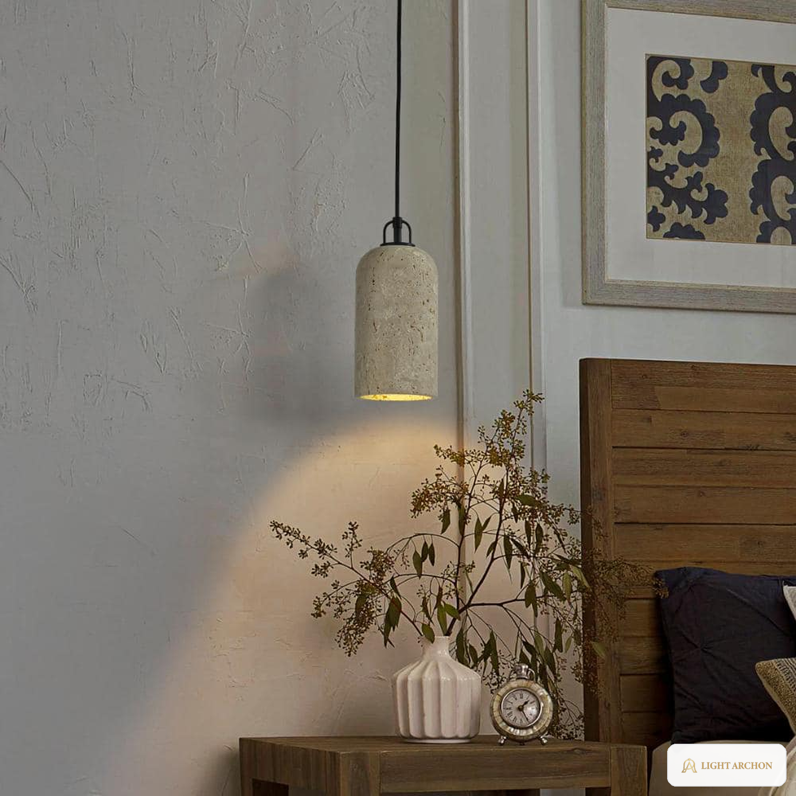 Light Archon Petra 5 in. Natural Travertine Cylinder Pendant, Matte Black Hardware - installed view