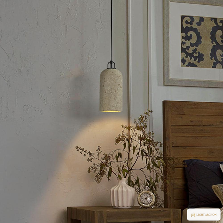 Light Archon Petra 5 in. Natural Travertine Cylinder Pendant, Matte Black Hardware - installed view