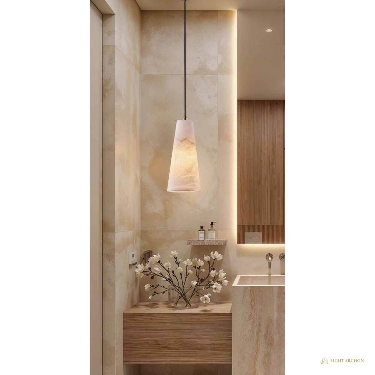 Light Archon Cara Natural Alabaster Cone Pendant with Brushed Gold Hardware - angle view