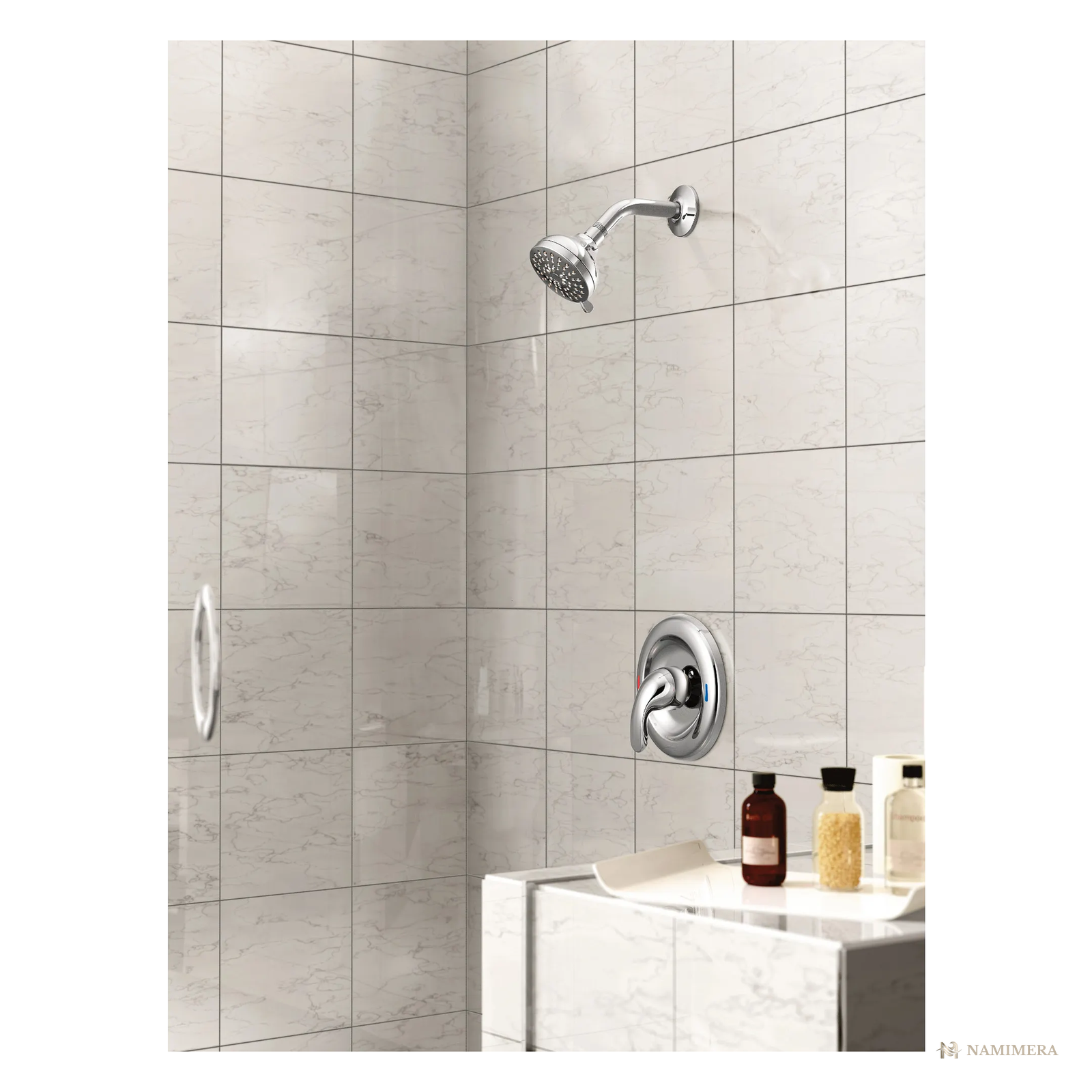 Namimera Single-Handle 4-Spray Shower Faucet Set with Pressure Balance Valve, 1.75 GPM, Chrome - installed view