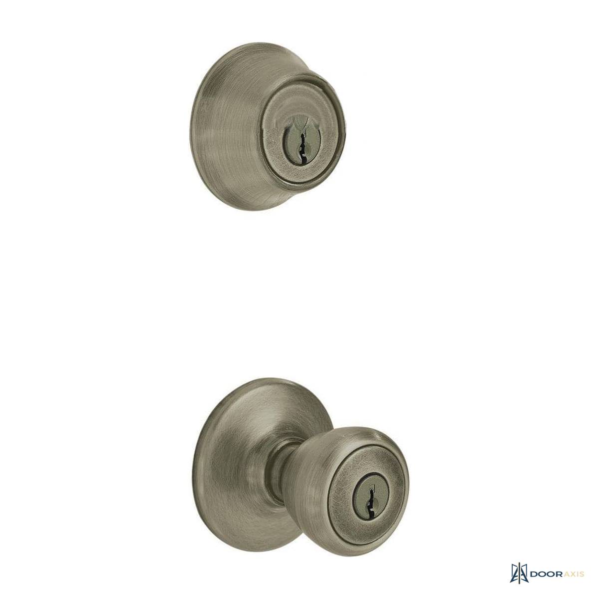 Door Axis Antique Brass Entry Knob and Single Cylinder Deadbolt Combo - front view