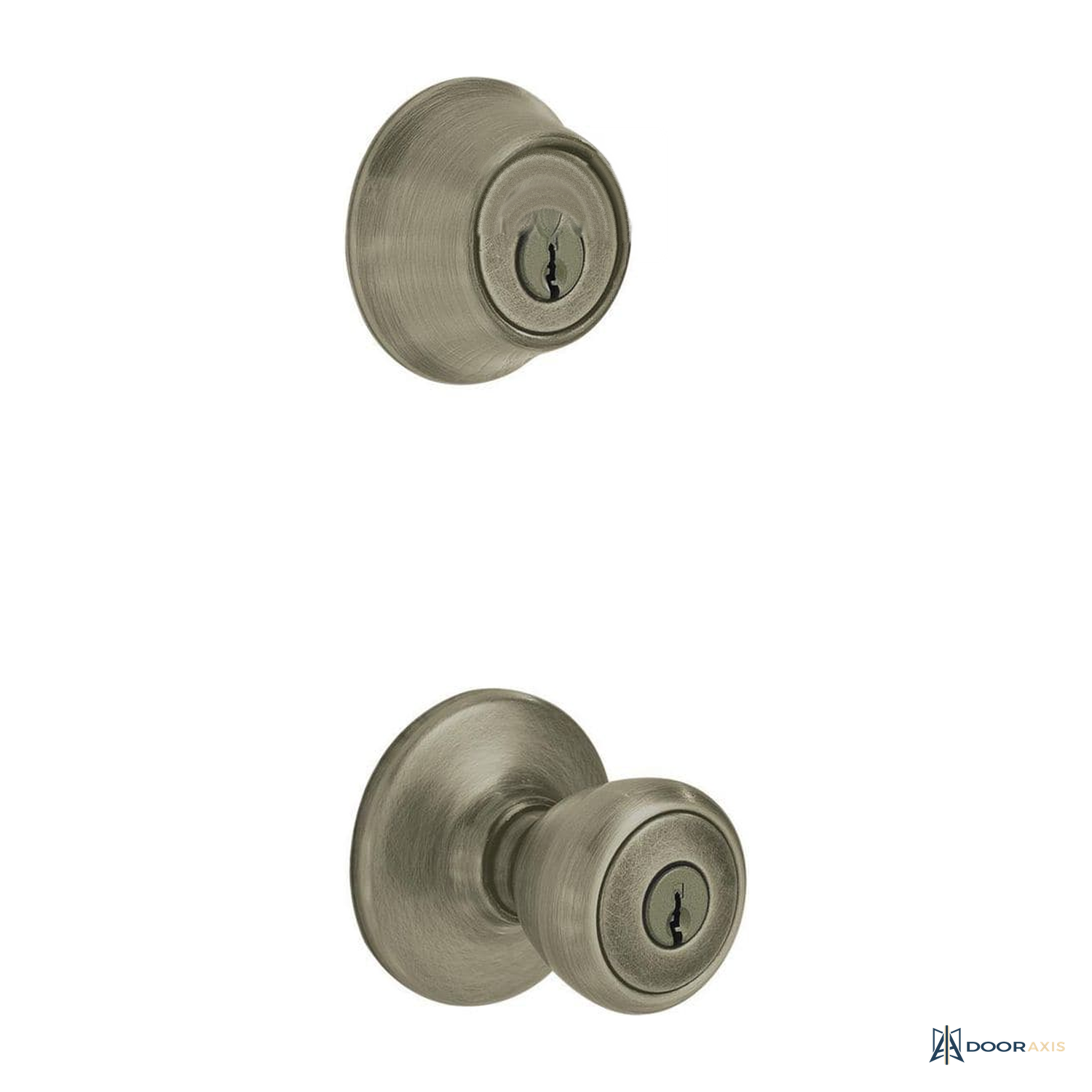 Door Axis Antique Brass Entry Knob and Single Cylinder Deadbolt Combo - front view