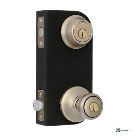 Door Axis Antique Brass Entry Knob and Single Cylinder Deadbolt Combo - panel and glazing detail