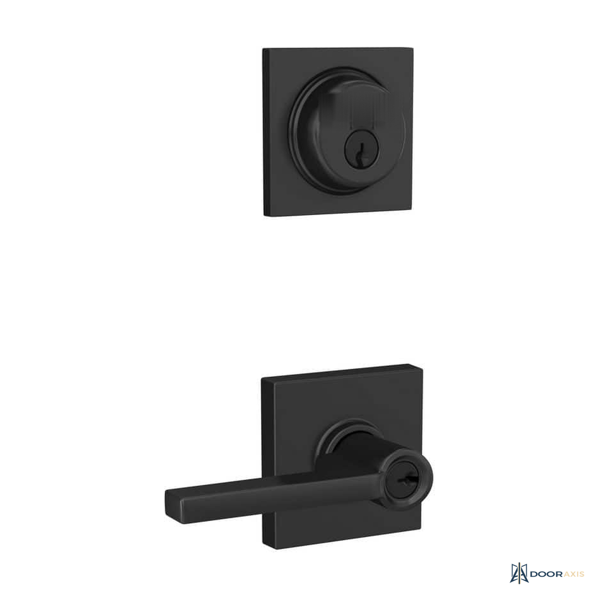 Door Axis Matte Black Single Cylinder Deadbolt and Keyed Entry Lever Combo - front view