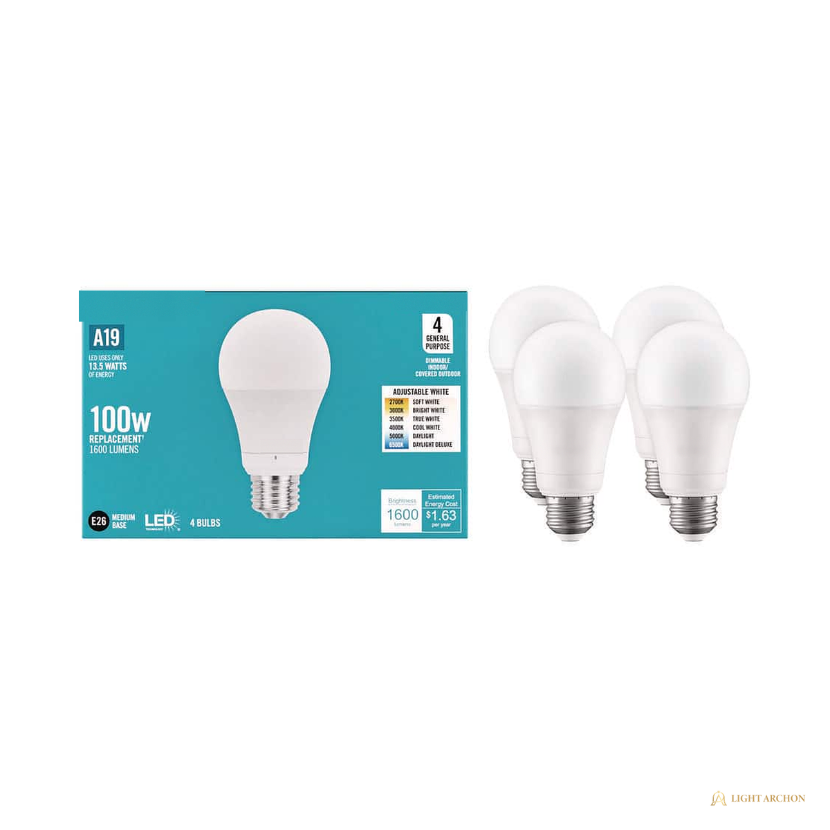 Light Archon Hexatone A19 LED Bulb, Selectable CCT, 4-Pack - angle view