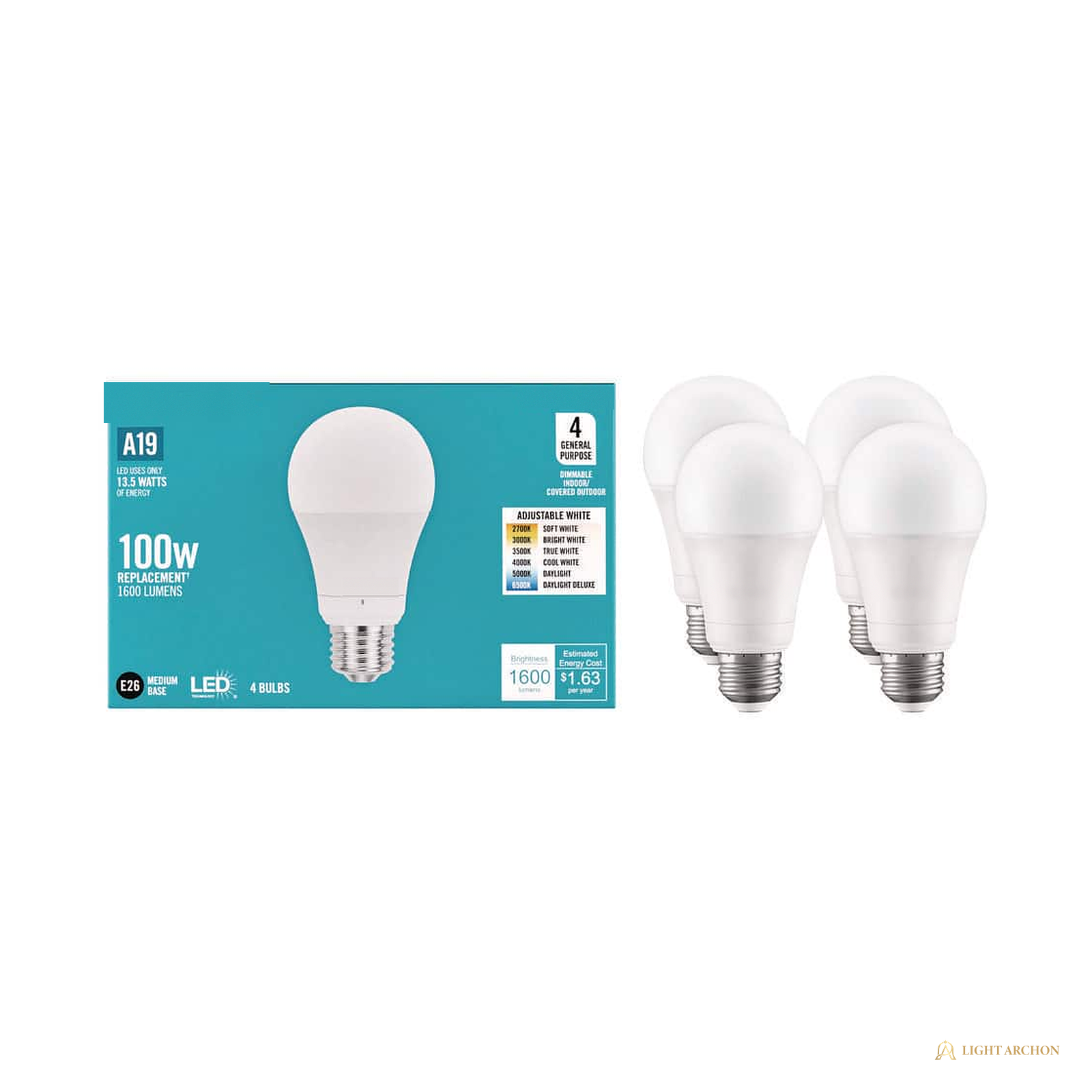 Light Archon Hexatone A19 LED Bulb, Selectable CCT, 4-Pack - angle view