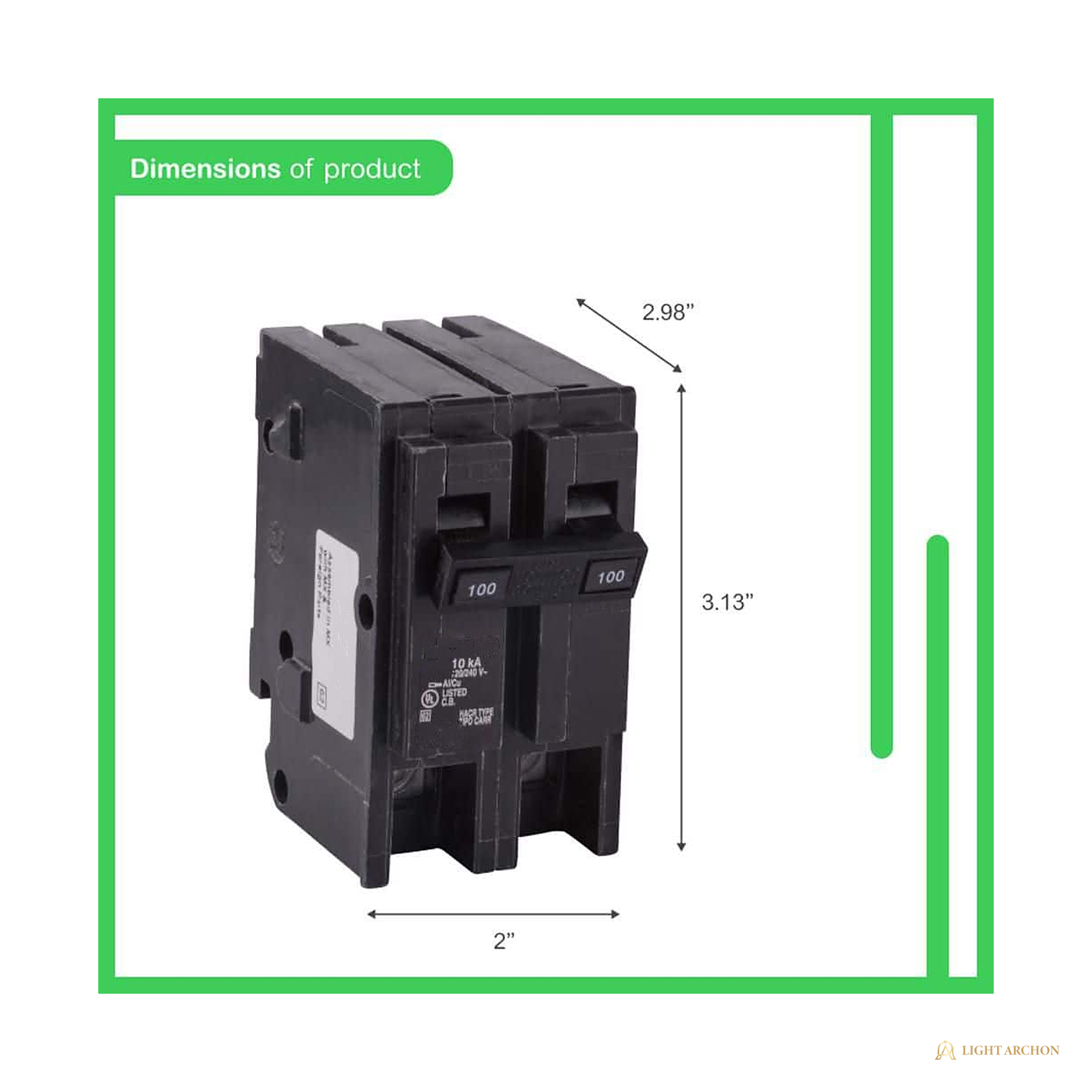 Light Archon Vanguard 100A 2-Pole Circuit Breaker - angle view