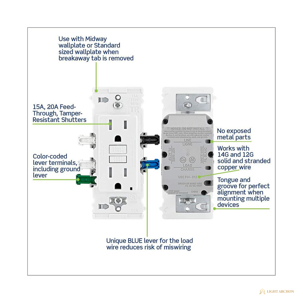 Light Archon Quicklatch 15A Self-Test GFCI Outlet with Lever Terminals 3-Pack - angle view