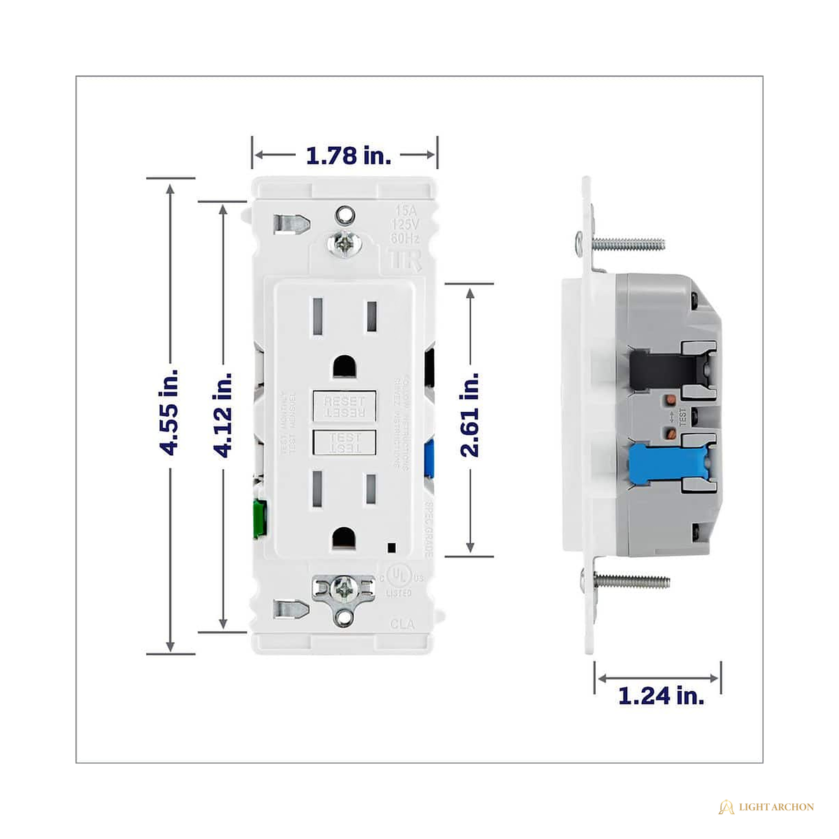 Light Archon Quicklatch 15A Self-Test GFCI Outlet with Lever Terminals 3-Pack - angle view