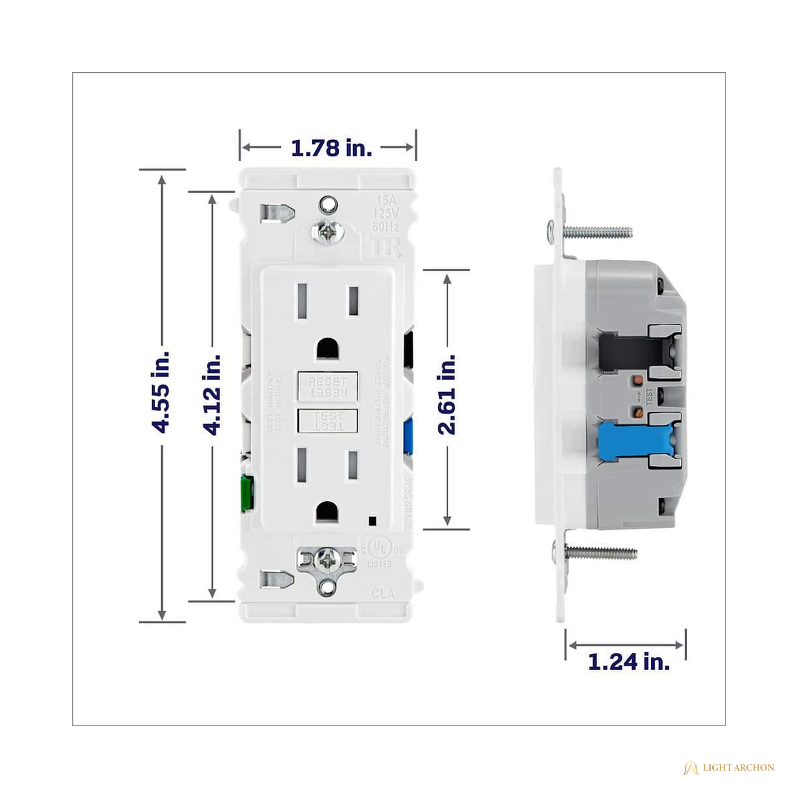 Light Archon Quicklatch 15A Self-Test GFCI Outlet with Lever Terminals 3-Pack - angle view