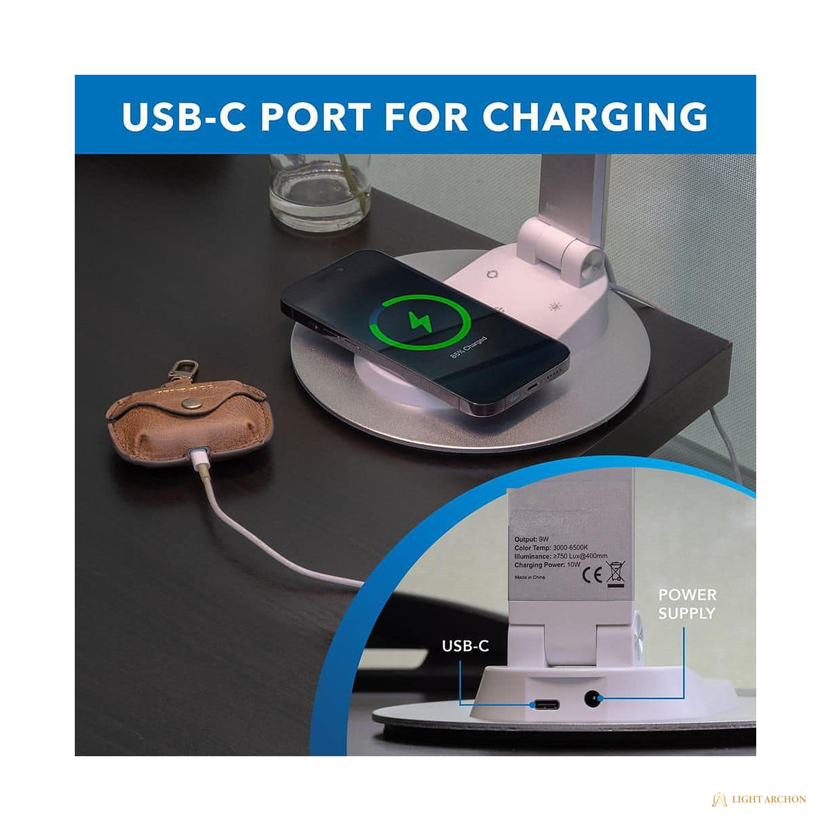 Light Archon ChargeBase 16 in. LED Desk Lamp with Wireless Charging, Silver - angle view