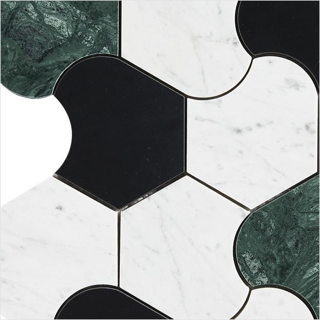 Prezio Stone Organic Interlock Waterjet Mosaic, Verde and Calacatta Marble - c1 finish swatch