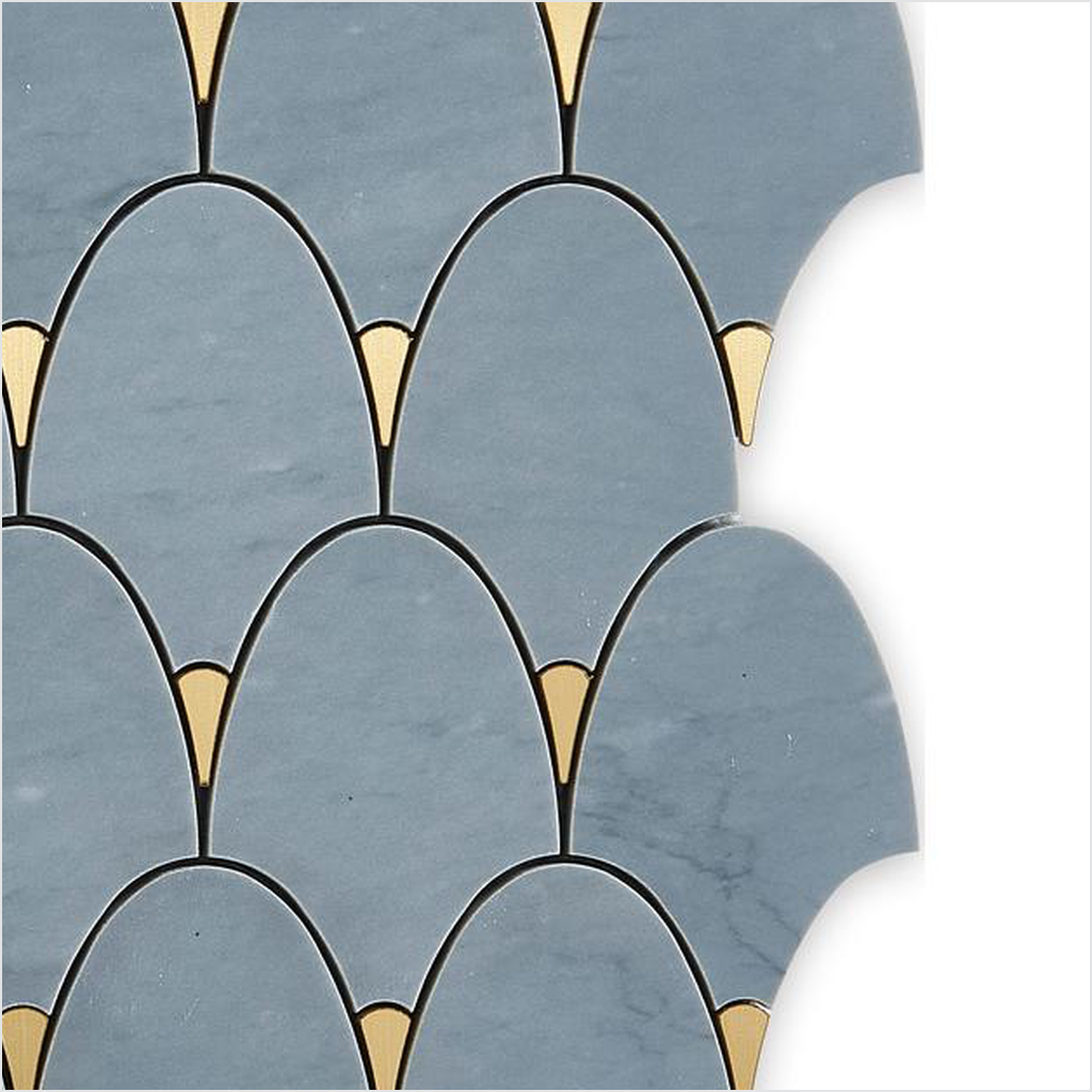 Prezio Stone Fish Scale Fan Waterjet Mosaic with Brass Tips, Polished Marble - c1 finish swatch