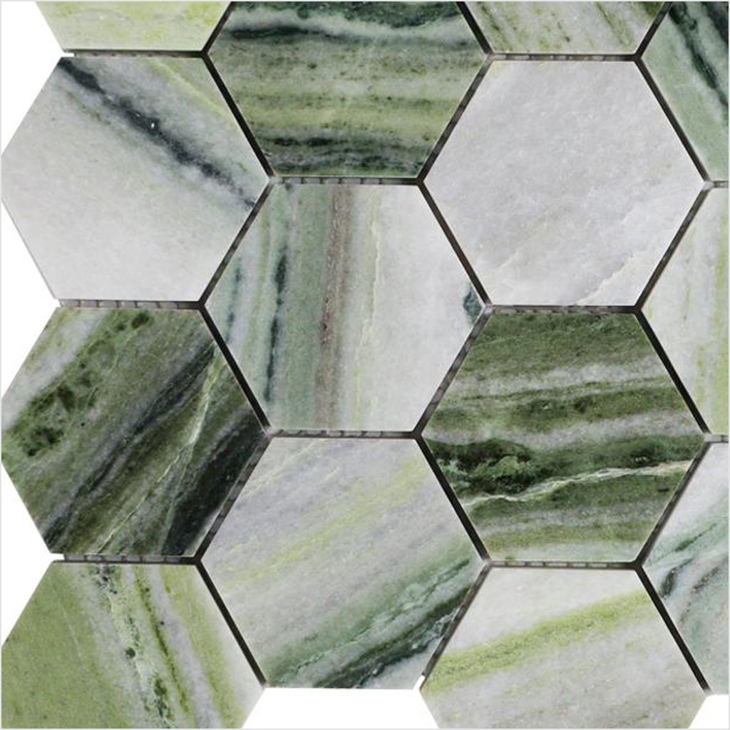 Prezio Stone Grand Hexagon Mosaic, Bamboo Green Marble and Black Terrazzo - c1 finish swatch