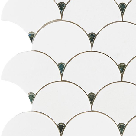 Prezio Stone Plume Fan Waterjet Mosaic with Brass Outline, White Marble - c1 finish swatch