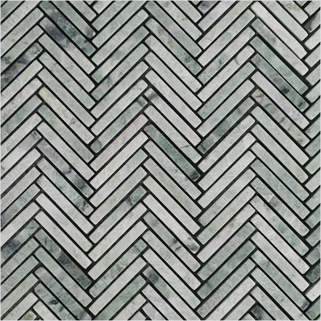 Prezio Stone Verde Herringbone Mosaic, Green Marble Strip Sheet - c1 finish swatch