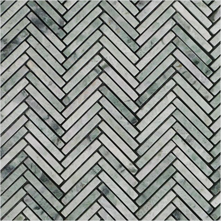 Prezio Stone Verde Herringbone Mosaic, Green Marble Strip Sheet - c1 finish swatch