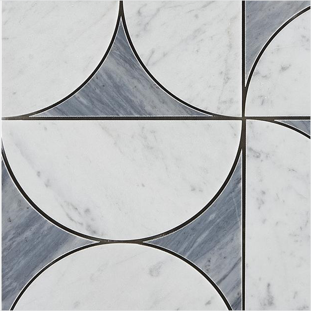 Prezio Stone Crescent Quadrant Waterjet Mosaic, Carrara, Nero, and Verde Marble - c1 finish swatch